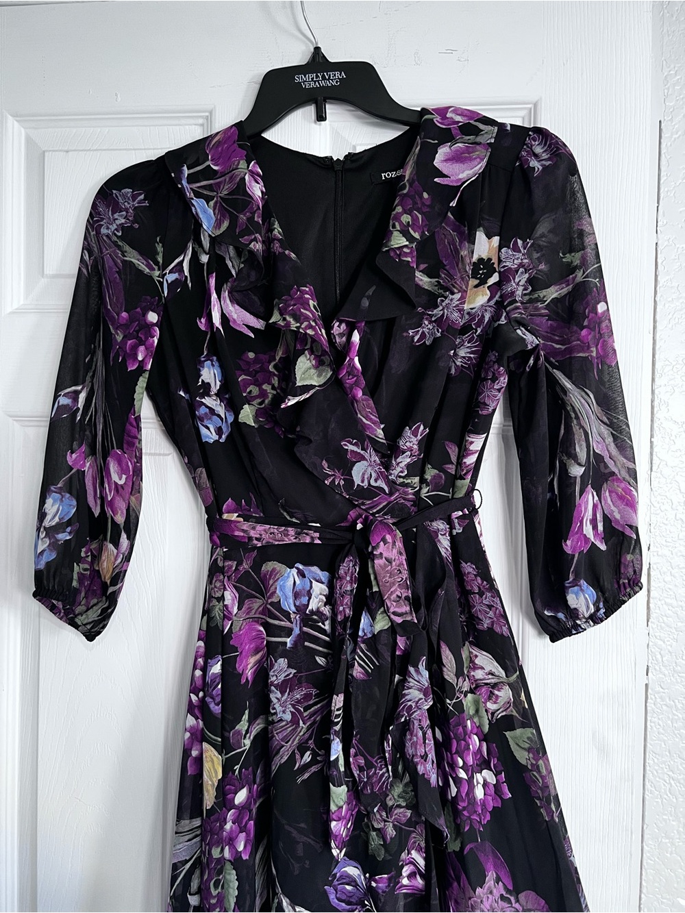 Roz & Ali Black Floral Ruffle Wrap Dress - Purple Accents
